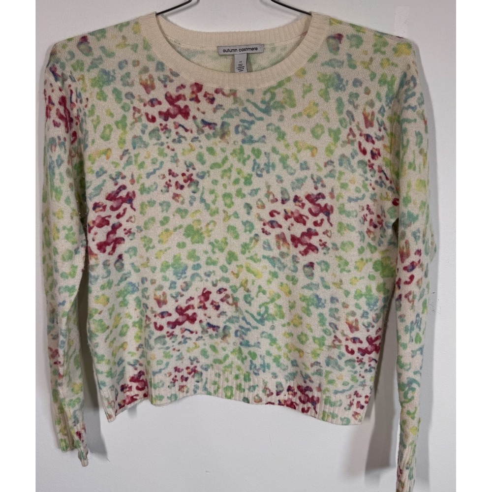Autumn Cashmere 100% Cashmere Pullover Sweater Cropped Rainbow Animal Print Sz M